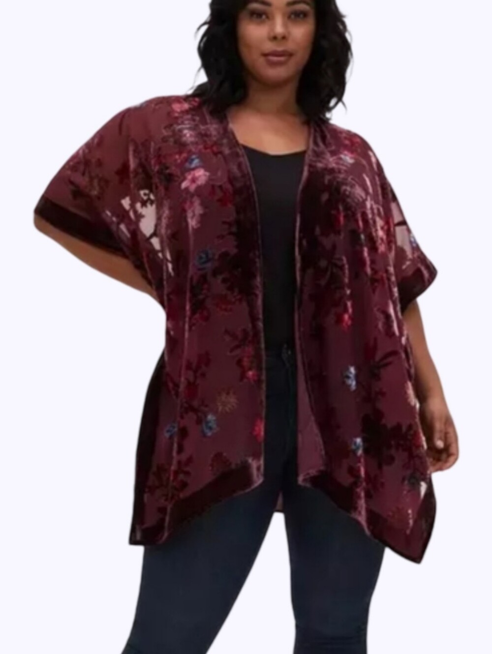 Torrid Floral Velvet Burnout Trim Kimono Jacket Plum & Red Tones Plus Size 2X